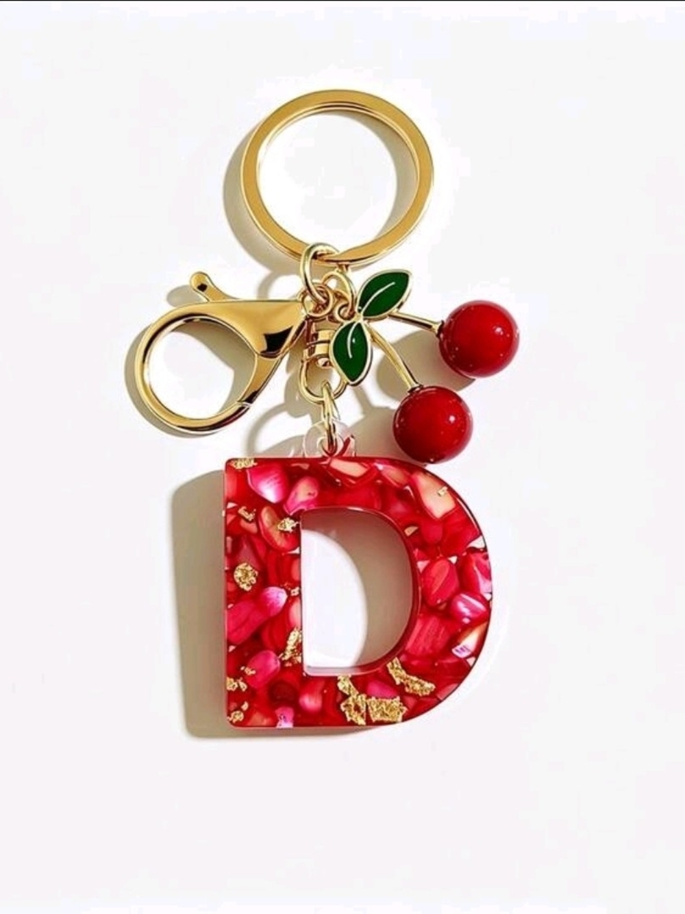 Gold-Tone Cherry Initial 'D' Keychain in Red Resin